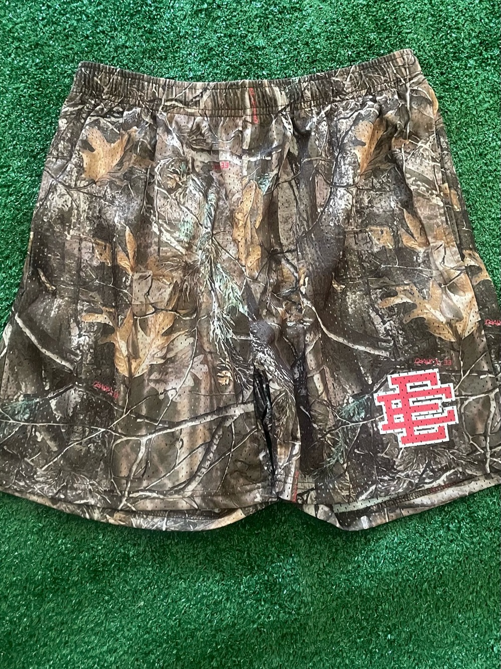 Eric Emanuel Men's Camo Athletic Shorts with Red Logo